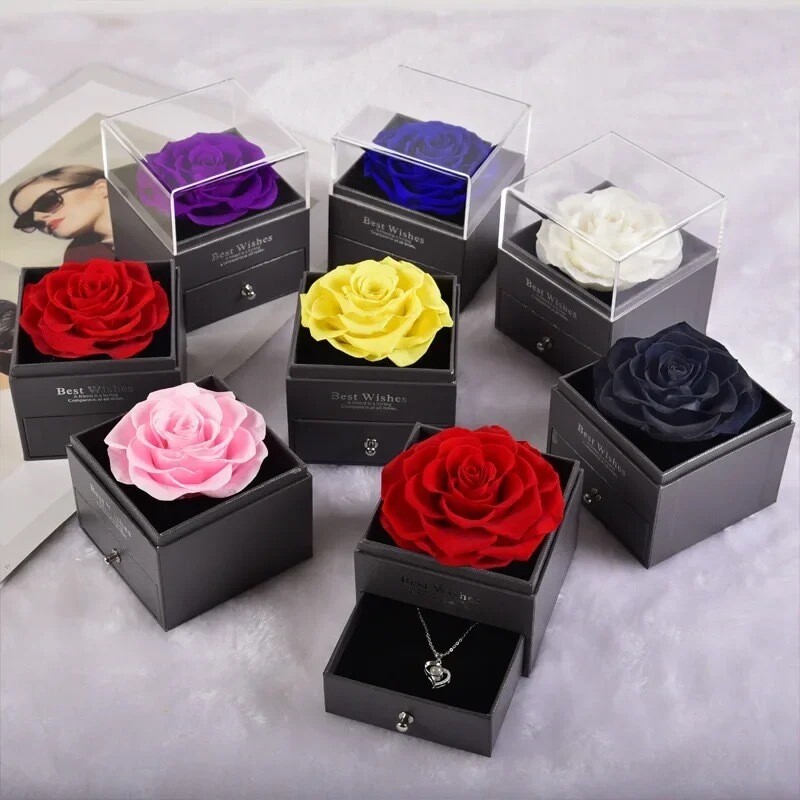 Naturel Eternal real Rose Flower Jewelry Box Ring Earrings Necklace Storage Boxes Wedding Valentine&#39;s Day