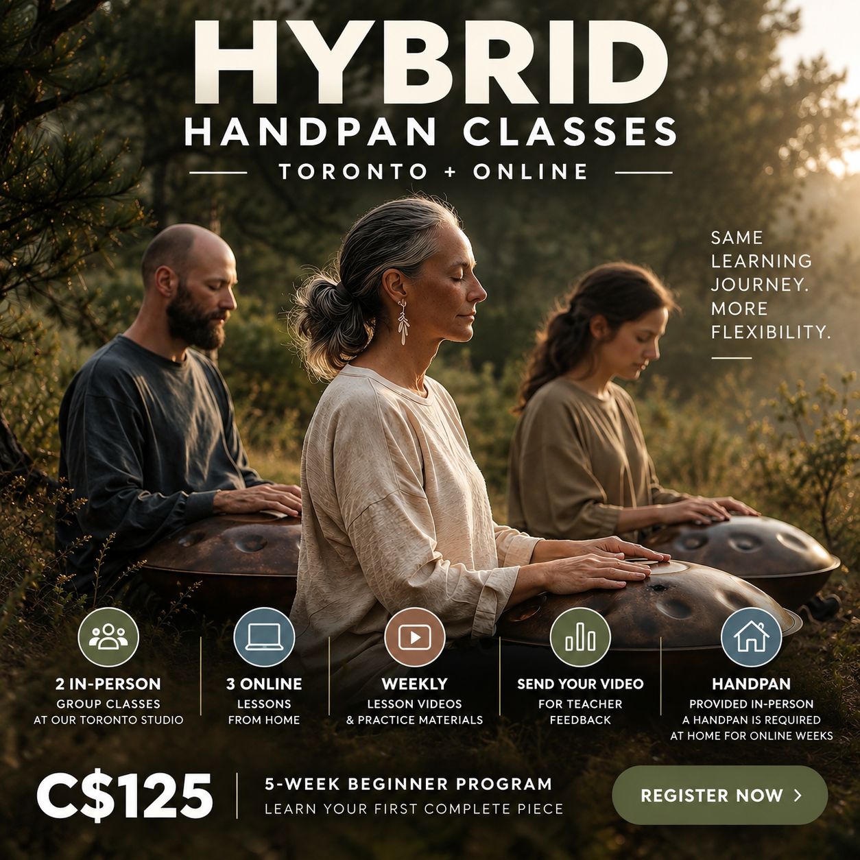 Hybrid — 5-Week Beginner Handpan Classes | 2 In-Person + 3 Online