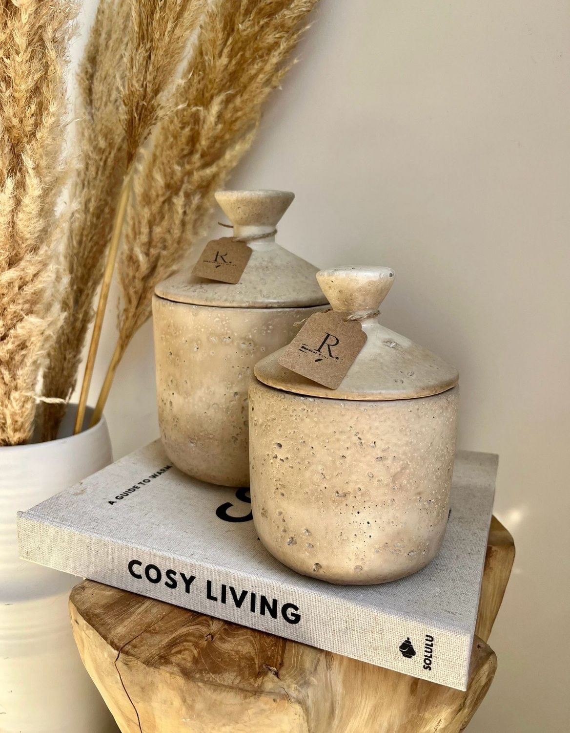 Travertine look potje met deksel S