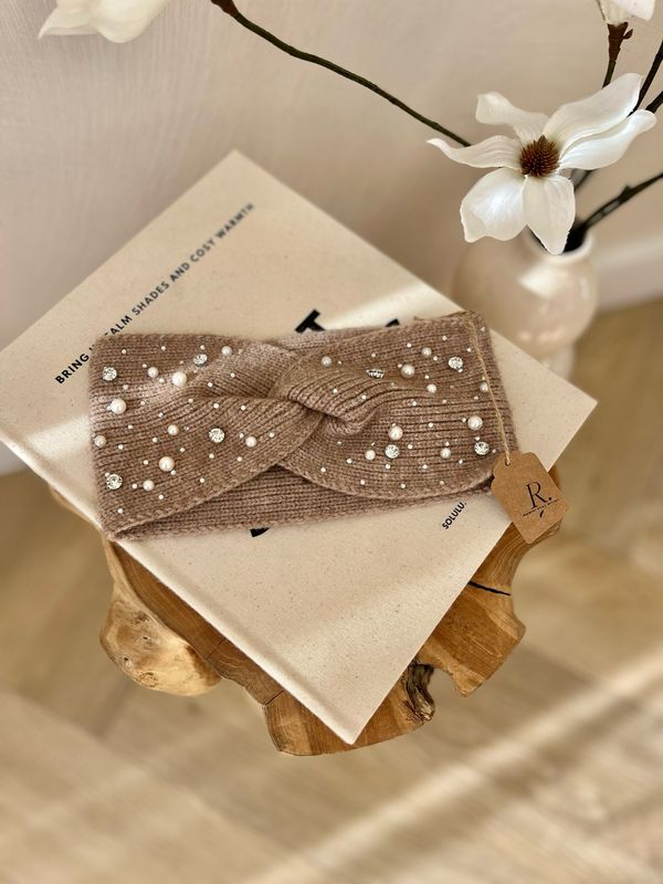 Winter haarband beige met strass en parels