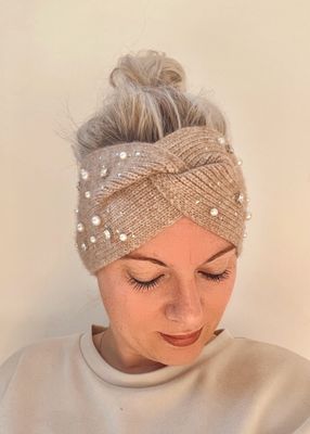 Winter haarband beige met strass en parels