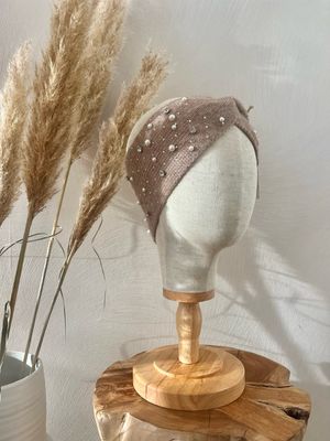 Winter haarband beige met strass en parels
