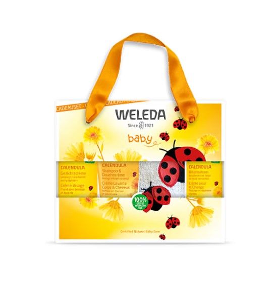 Weleda Cadeau de Naissance: crème lavante corps &amp; cheveux, crème pour le change et huile de soin au Calendula Bio + GANT de TOILETTE en coton bio OFFERT