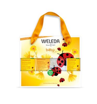 Weleda Cadeau de Naissance: crème lavante corps &amp; cheveux, crème pour le change et huile de soin au Calendula Bio + GANT de TOILETTE en coton bio OFFERT