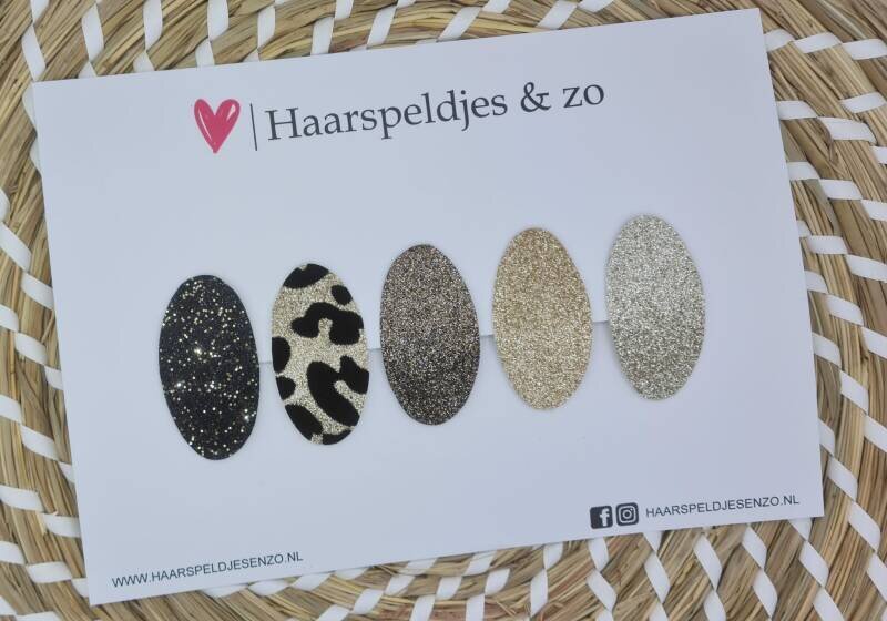 Haarspeldjes Yara setje 1 - kerstcollectie - glitters - panter - klikklakspeldje - zilver/goud/bruin/panter/zwart — klik-klak 4 cm