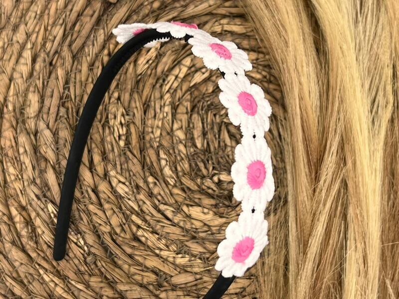 Diadeem - haarband - madeliefjes donkerroze - bloemen - bloemetjes