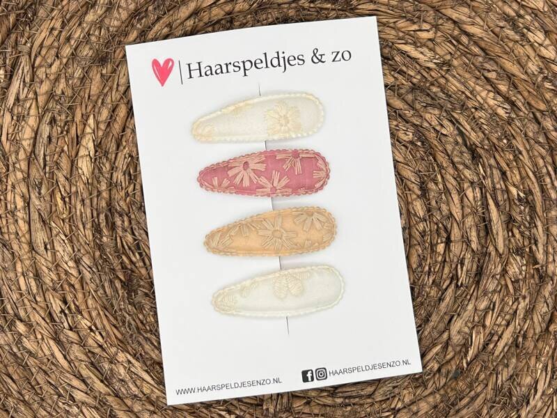Haarspeldje Flo setje 14 - set van vier speldjes - stof/kant - beige - roze - taupe