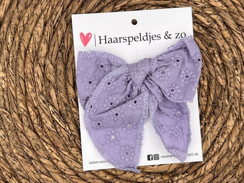 Haarstrik Flo setje 30 - grote strik - stof/kant - alligatorclip - lila/blauw