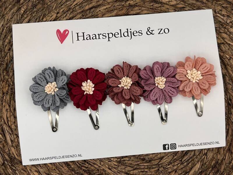 Haarspeldjes Blossem setje 13 - bloemen in bloei - grijs/rood/roze/lila/paars — 3 cm speldjes