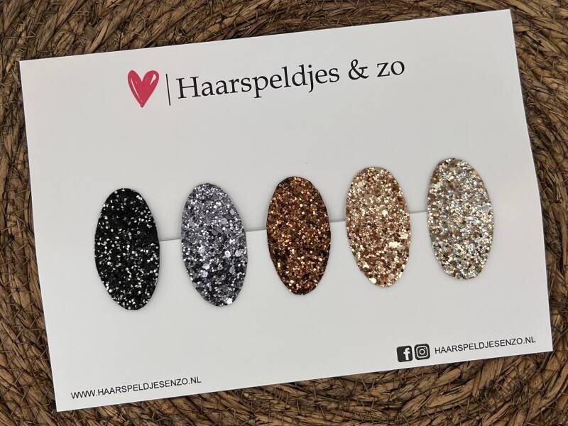 Haarspeldjes Yara setje 2 - kerstcollectie - glitters - chunky - klikklakspeldje - zwart - antraciet - bruin - rosé - goud — 5 cm speldjes