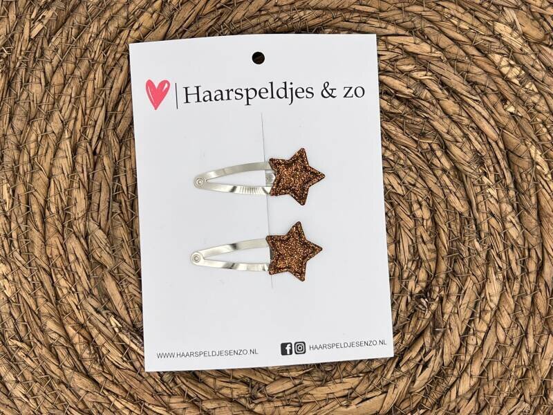 Haarspeldje ‘Stars’ - ster - sterretje - glitters - bruin - kerst – feestdagen — 4 cm speldjes