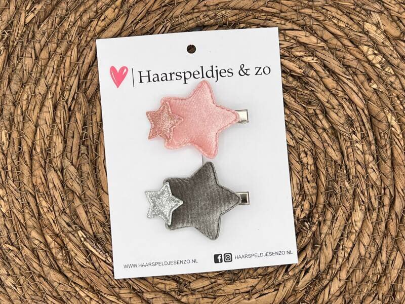 Haarspeldje ‘Stars’ - mix combi op alligatorclip (groot) - ster - sterretje - glitters en velvet - rood - roze - grijs - zilver - kerst – feestdagen