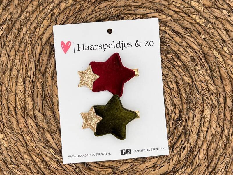 Haarspeldje ‘Stars’ - mix combi op alligatorclip (groot) - ster - sterretje - glitters en velvet - rood - rood - groen - goud - kerst – feestdagen