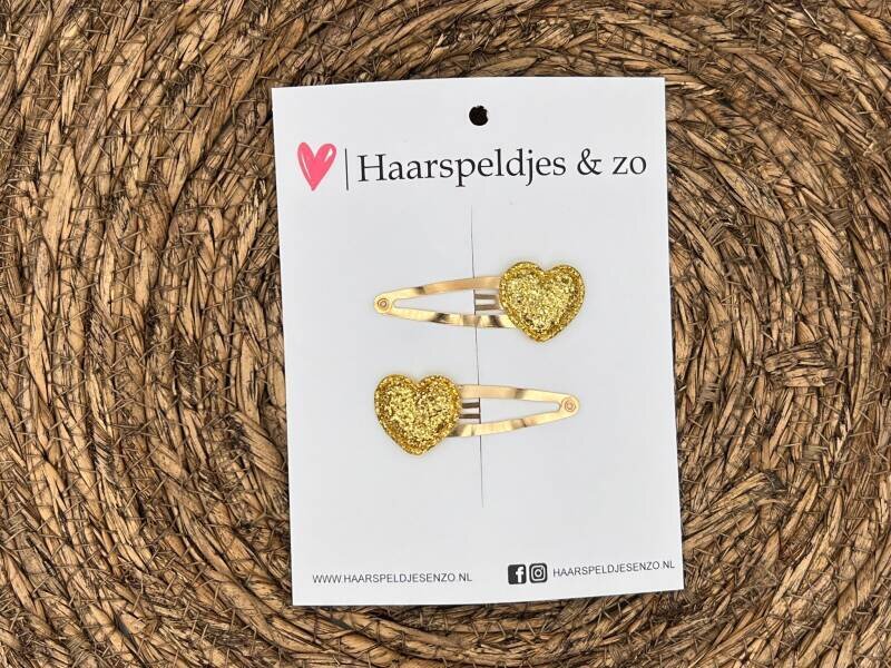 Haarspeldje ‘Hearts’ - hart – hartje - glitters - goud - kerst - feestdagen — 4 cm speldjes