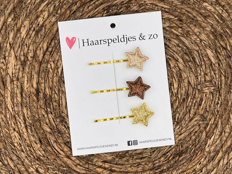 Bobby pin set 3 - schuifspeldje - haarspeldje - haarschuifje - kerst - glitters - goud - bruin - sterretjes