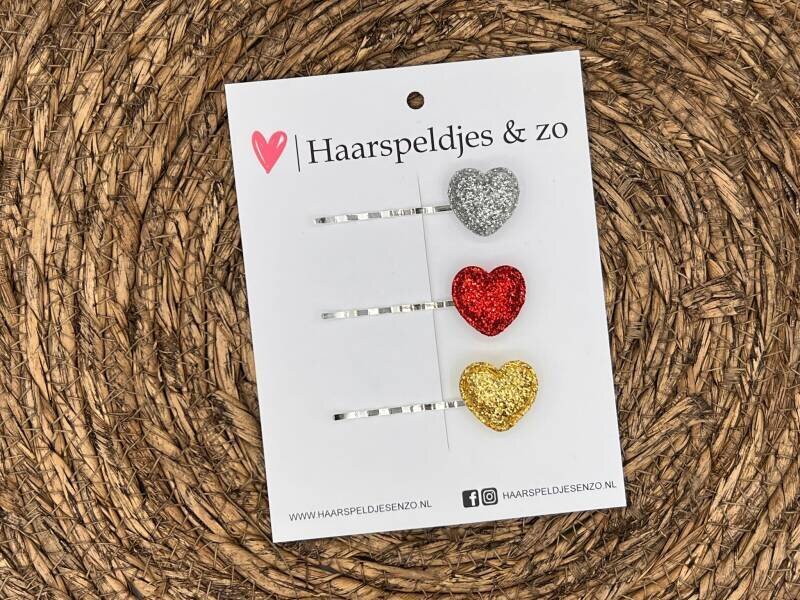Bobby pin set 5 - schuifspeldje - haarspeldje - haarschuifje - kerst - glitters - zilver - rood - goud - hartjes