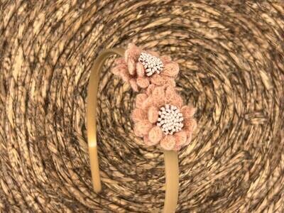 Diadeem wol flower - wollen bloemen - khaki kleur diadeem - oranje/bruin