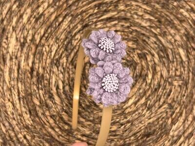 Diadeem wol flower - wollen bloemen - khaki kleur diadeem - lila