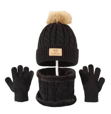Muts, sjaal en handschoenen - zwart - grote pompon - kind - peuter - kleuter