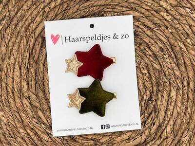 Haarspeldje ‘Stars’ - mix combi op alligatorclip (groot) - ster - sterretje - glitters en velvet - rood - rood - groen - goud - kerst – feestdagen