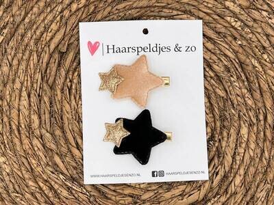 Haarspeldje ‘Stars’ - mix combi op alligatorclip (groot) - ster - sterretje - glitters en velvet - rood - beige - zwart - goud - kerst – feestdagen
