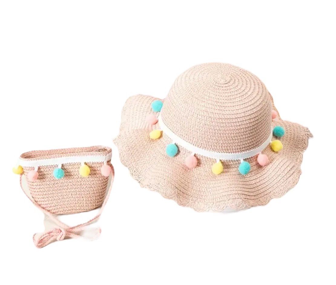 Zomerhoed stro - meisjes - mode - kinderen - zomer - roze hoed met gekleurde pompons eraan
