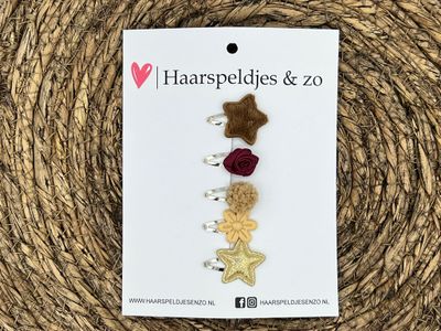Baby haarspeldjes setje 67 - mini - 2cm groot - try-out - mix - voor de eerste lokjes haar - bloemetjes - bruin/khaki - glitters - kerst - feestdagen