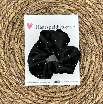 Scrunchie - elastiek - gladde stof - met strass - glimmers - steentjes - kerst - zwart