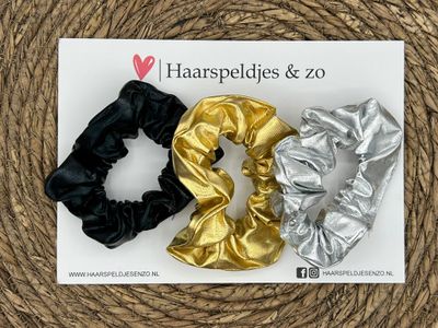 Scrunchies - elastiek - glimmende stof - kerst - set van drie - zwart/goud/zilver