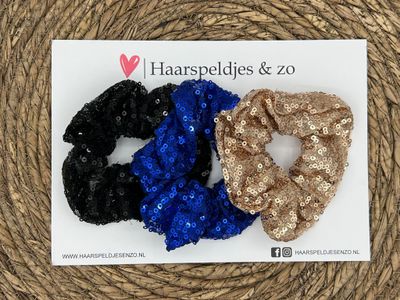 Scrunchies - elastiek - met pailletten - glimmers - kerst - set van drie - zwart/blauw/goud