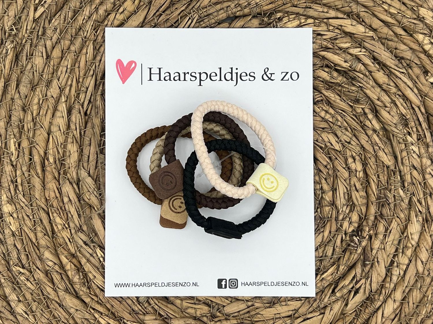 Haarelastiek - set van haarelastiekjes - smiley - gevlochten - 5 stuks - roze, bruintinten, khaki en zwart