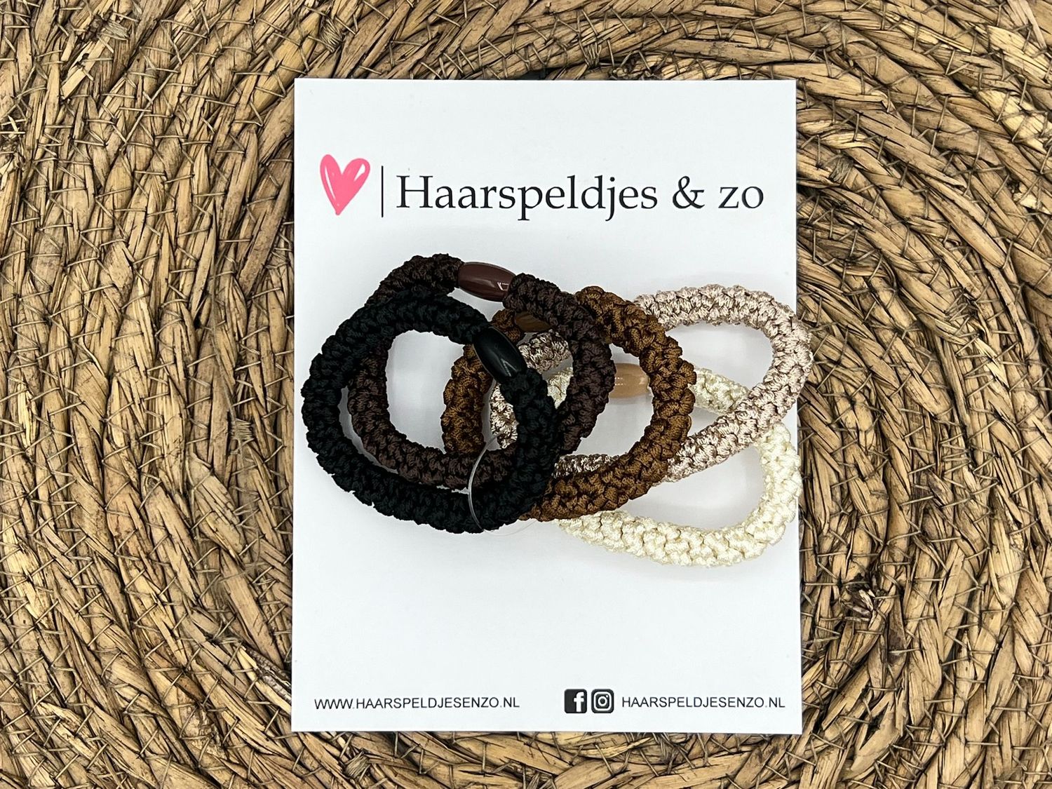 Haarelastiek - set van haarelastiekjes - gevlochten - 5 stuks - crème, taupe, bruintinten en zwart