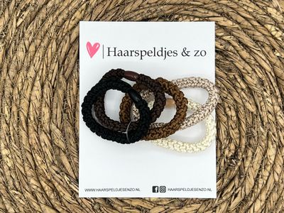Haarelastiek - set van haarelastiekjes - gevlochten - 5 stuks - crème, taupe, bruintinten en zwart