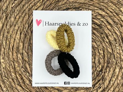 Haarelastiek - set van haarelastiekjes - gevlochten - 4 stuks - crème, grijs bruin en zwart