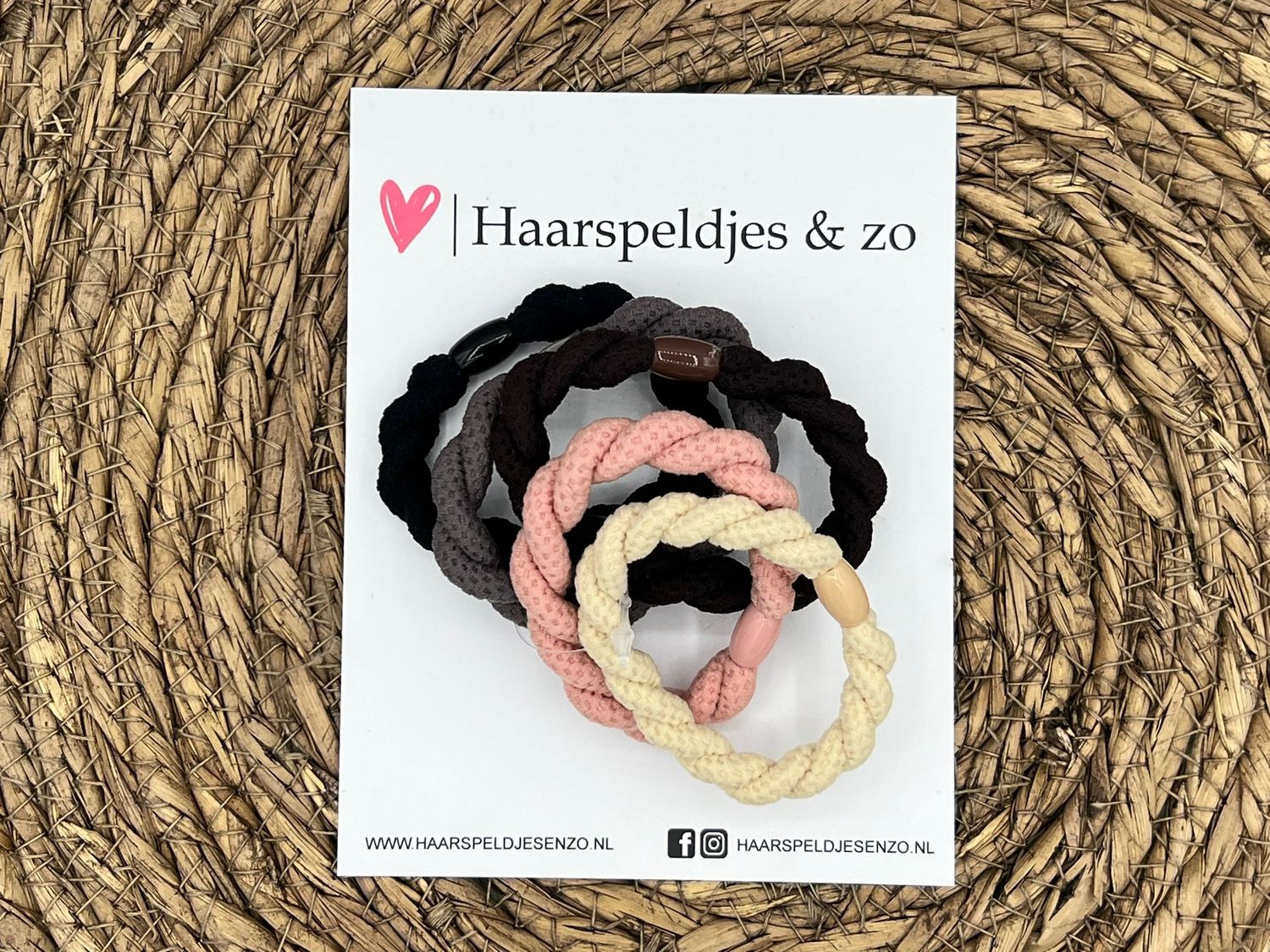 Haarelastiek - set van haarelastiekjes - gevlochten - 5 stuks - crème, roze, bruin, grijs en zwart