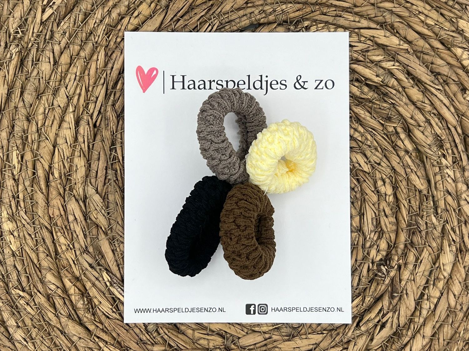 Haarelastiek - set van haarelastiekjes - gevlochten - 4 stuks - crème, grijs bruin en zwart