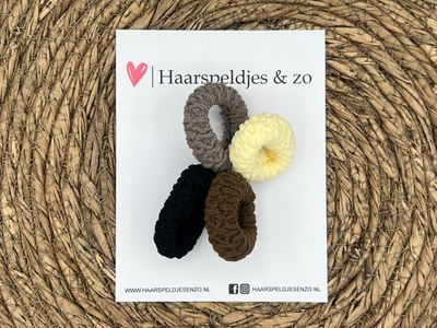 Haarelastiek - set van haarelastiekjes - gevlochten - 4 stuks - crème, grijs bruin en zwart