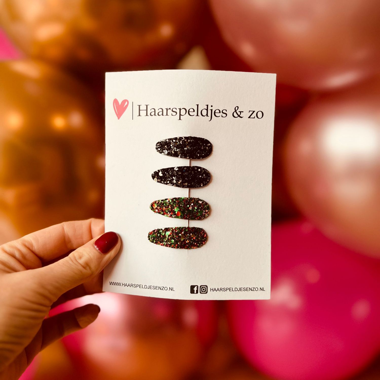 Haarspeldjes Lott setje 5 - chunky glitters - klikklakspeldje - zwart - rood/groen - kerst - feestdagen - 3 cm speldjes