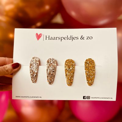 Haarspeldjes Lott setje 4 - chunky glitters - klikklakspeldje - taupe - goud - kerst - feestdagen - 5 cm speldjes