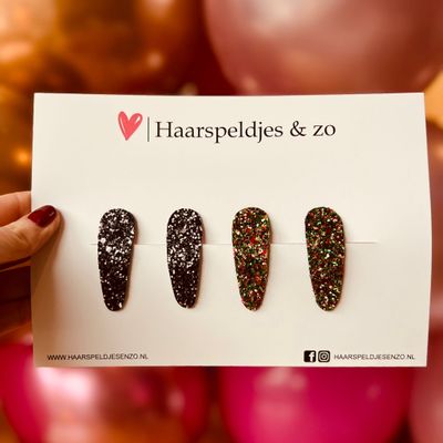 Haarspeldjes Lott setje 5 - chunky glitters - klikklakspeldje - zwart - rood/groen - kerst - feestdagen - 5 cm speldjes