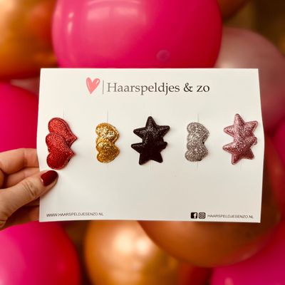 Haarspeldje antislip - baby&#39;s - kinderen - meisjes - setje 58 - mix - sterretjes - hartjes - zilver/goud/rood/zwart - kerst - feestdagen