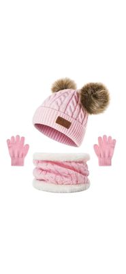 Muts, sjaal en handschoenen - lichtroze - met twee grote pompons - kind - peuter - kleuter