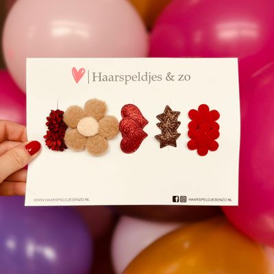 Haarspeldje antislip - baby&#39;s - kinderen - meisjes - setje 73 - mix - sterretjes - hartjes - bloemetjes - rood/bruin - kerst - feestdagen