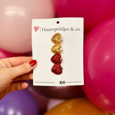 Mini clip - baby haarspeldjes setje 16 - mini - 2cm groot - voor de eerste lokjes haar - alligator clip - hartjes - glitters - kerst - feestdagen - rood/goud