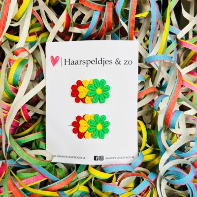 Antislip carnaval – rood/geel/groene madeliefjes op speldje – haaraccessoires – baby’s – meisjes