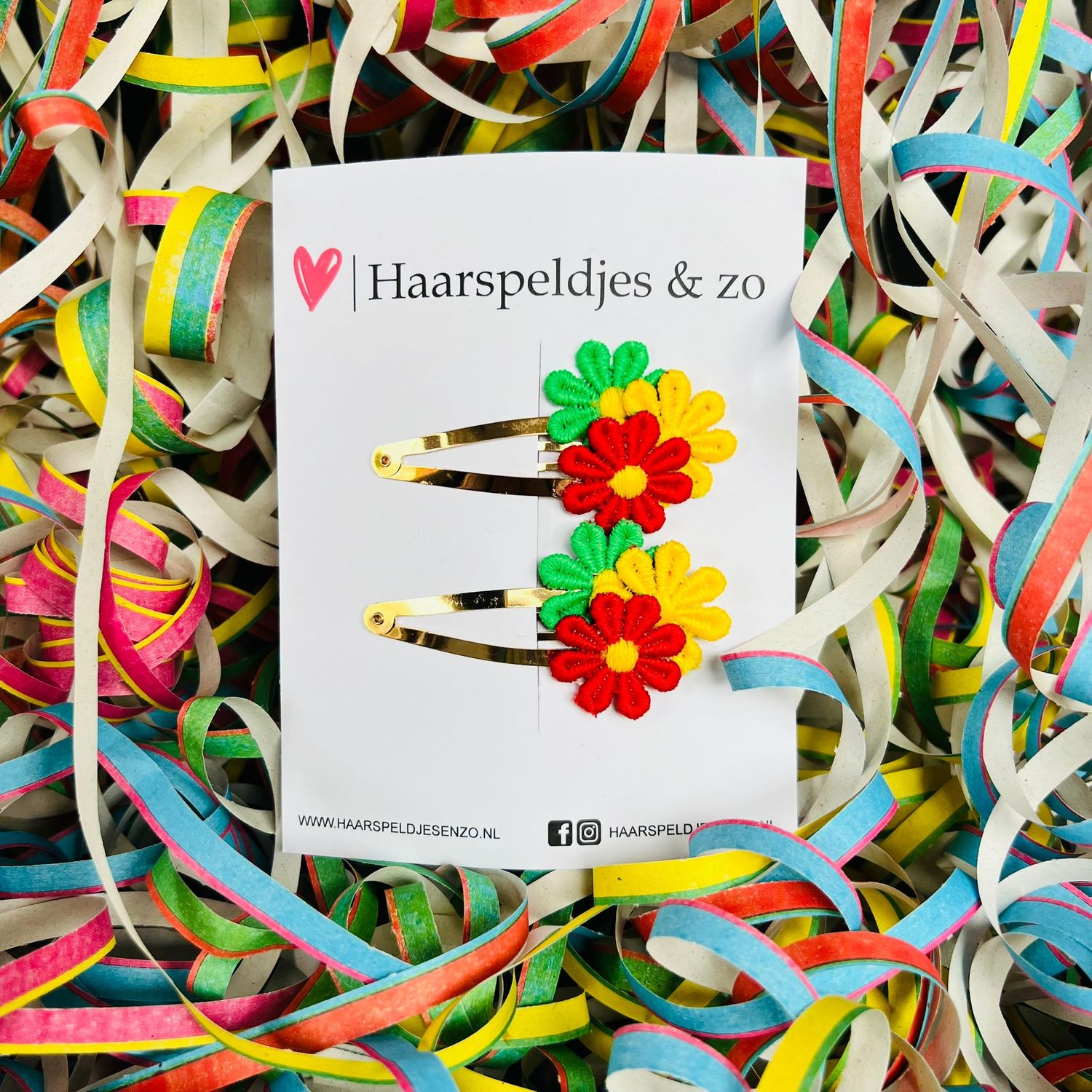 Rood/geel/groen (rode/gele/groene) madeliefjes op klikklakspeldjes - carnaval - haaraccessoires - 6 cm speldjes