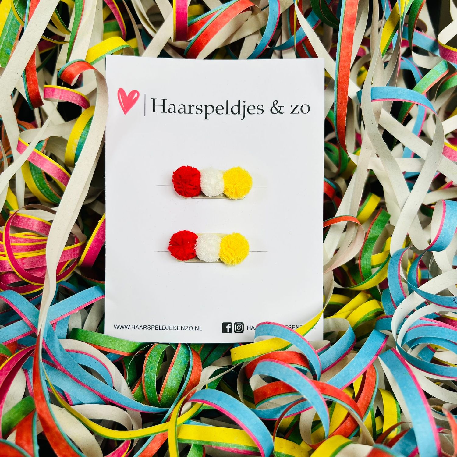 Antislip carnaval – Oeteldonk - rood/wit/gele pompons op speldje – haaraccessoires – baby’s – meisjes