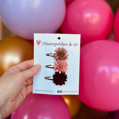 Haarspeldje Leather flower - leren bloemetjes - 4 cm speldjes - bruin/roze/rood