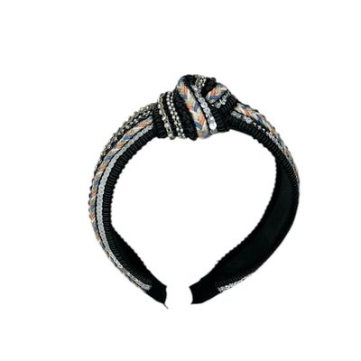 Diadeem - haarband - stof - knoop - boho - pailletten - kralen - zwart