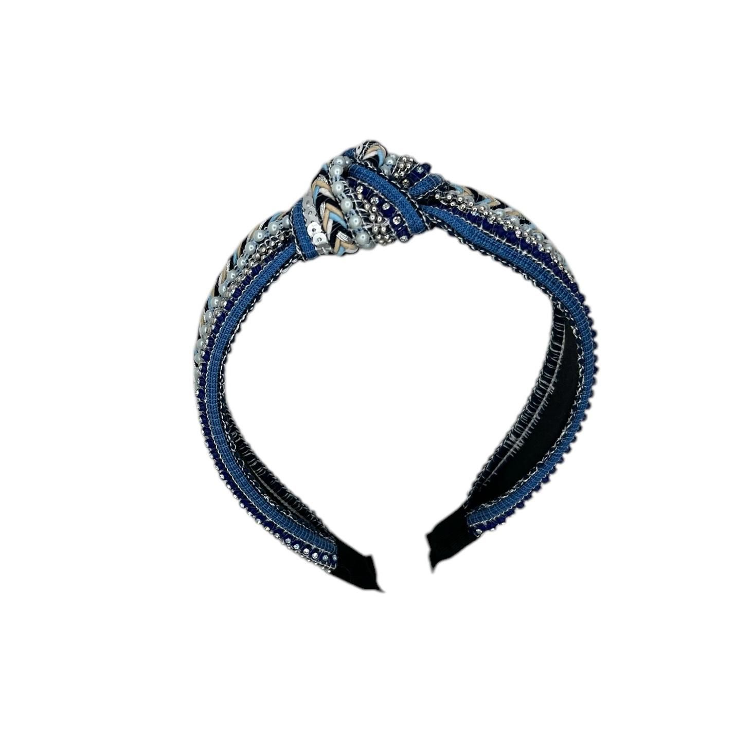 Diadeem - haarband - stof - knoop - boho - pailletten - kralen - blauw